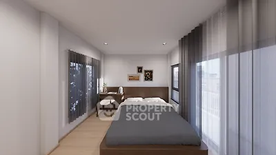 Modern bedroom with large windows and stylish decor