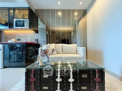 Modern living room with stylish decor and open kitchen layout
