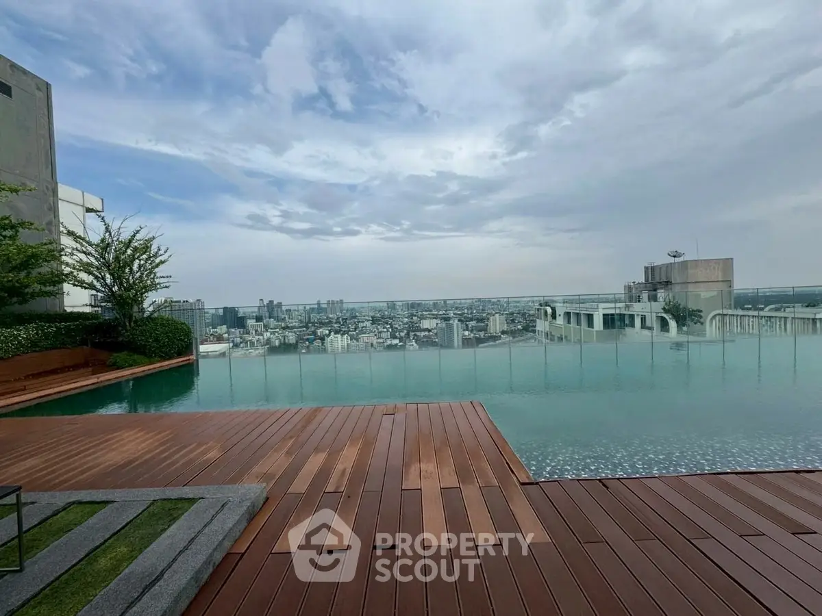 Stunning rooftop pool with panoramic city views and modern deck design.