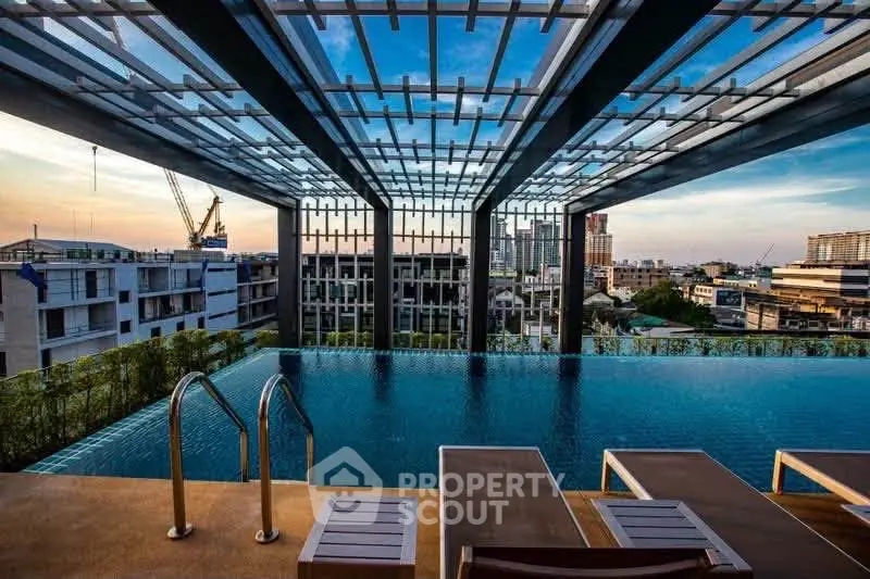 Luxurious rooftop infinity pool with stunning city skyline views at sunset.