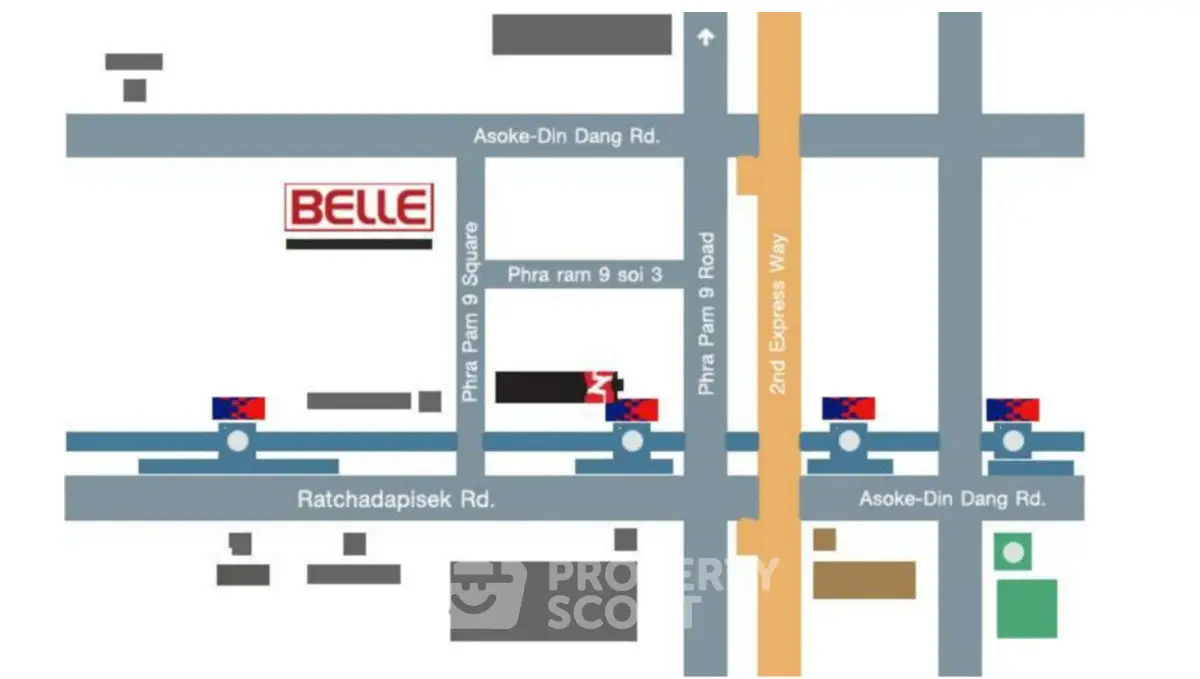 Map showing location of Belle property near Ratchadapisek and Asoke-Din Daeng roads.