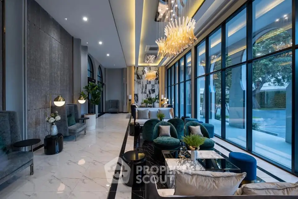 Luxurious modern living room with elegant decor and large windows