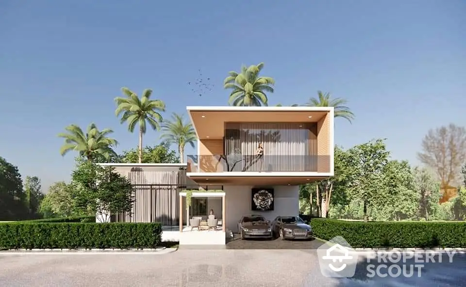 Modern luxury home with sleek design and lush landscaping, featuring a spacious driveway and palm trees.