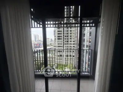 Modern balcony with city view in high-rise apartment building