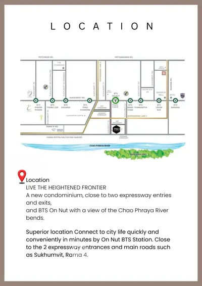 Map showing location of new condominium near BTS On Nut and Chao Phraya River.