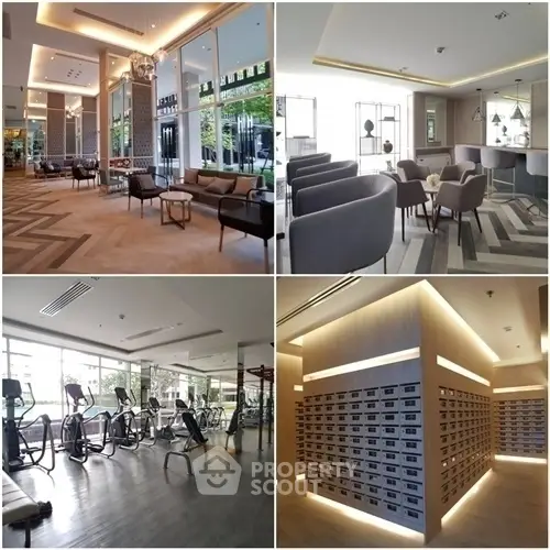Luxurious condo amenities featuring modern gym, elegant lobby, and stylish lounge area.