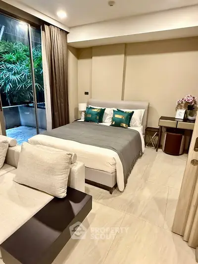Luxurious bedroom with garden view and elegant decor in modern apartment