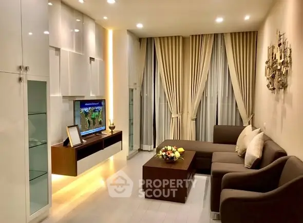 Elegant living room with modern decor and ambient lighting