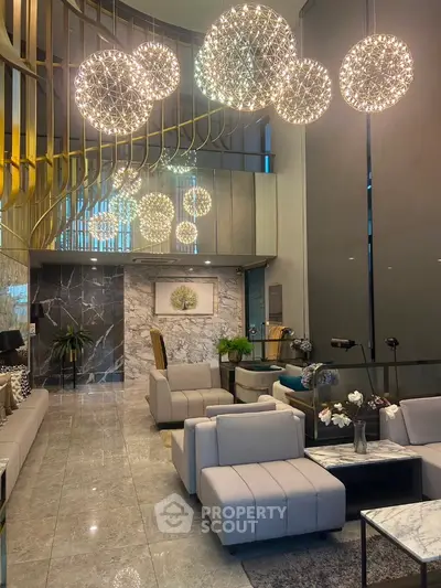 Luxurious modern living room with elegant lighting and marble accents