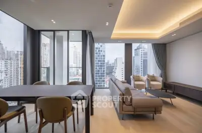 Luxurious modern living room with panoramic city views and elegant furnishings