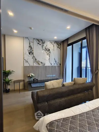 Luxurious modern living room with elegant decor and city view balcony