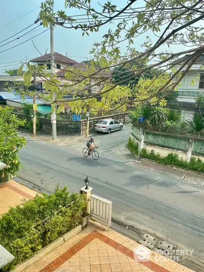 Charming suburban street view with lush greenery and residential homes