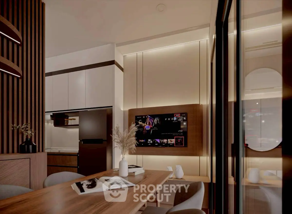 Modern living room with sleek kitchen and stylish dining area