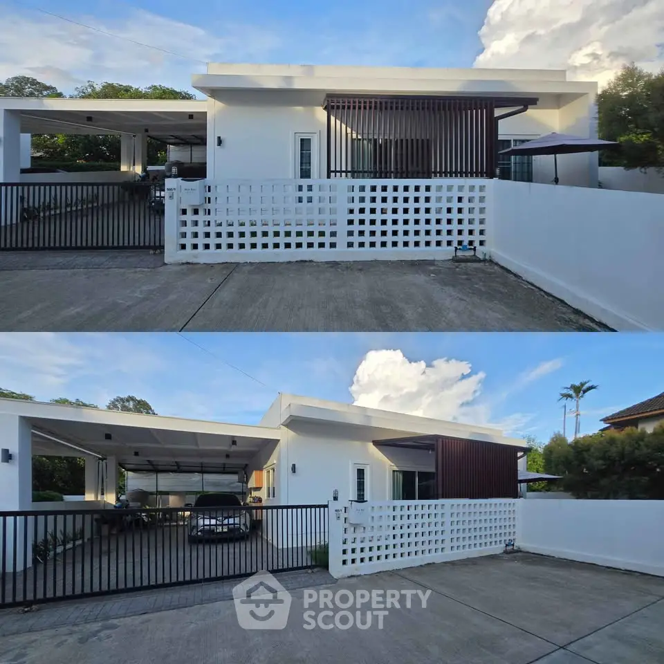 Modern single-story house with carport and stylish facade in a serene neighborhood.