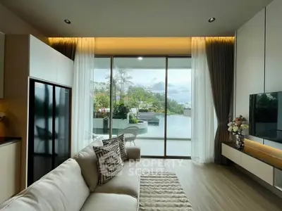 Luxurious living room with pool view, modern decor, and elegant lighting in a high-end apartment.