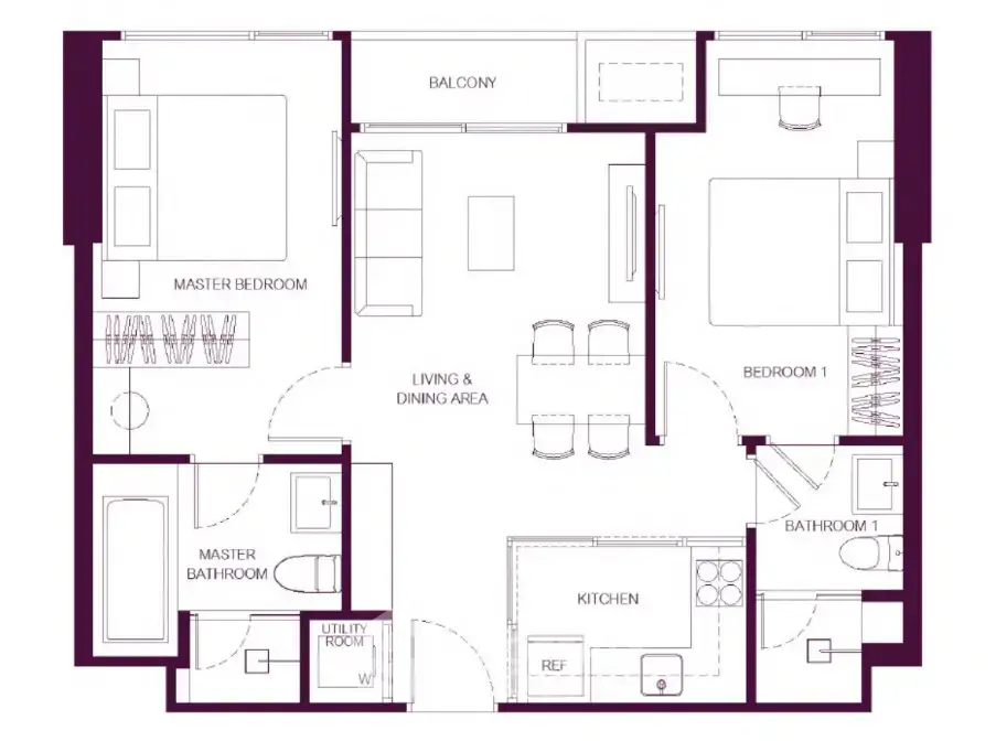 Modern apartment floor plan with two bedrooms, spacious living area, and balcony.