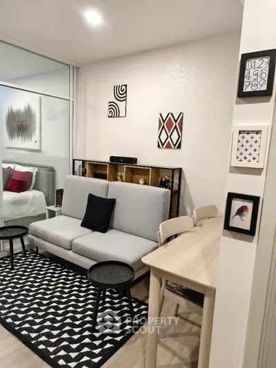 Modern living room with stylish decor and cozy seating area
