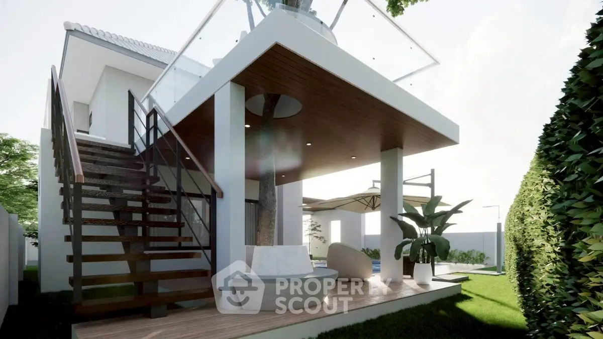 Modern outdoor patio with stylish staircase and lush greenery
