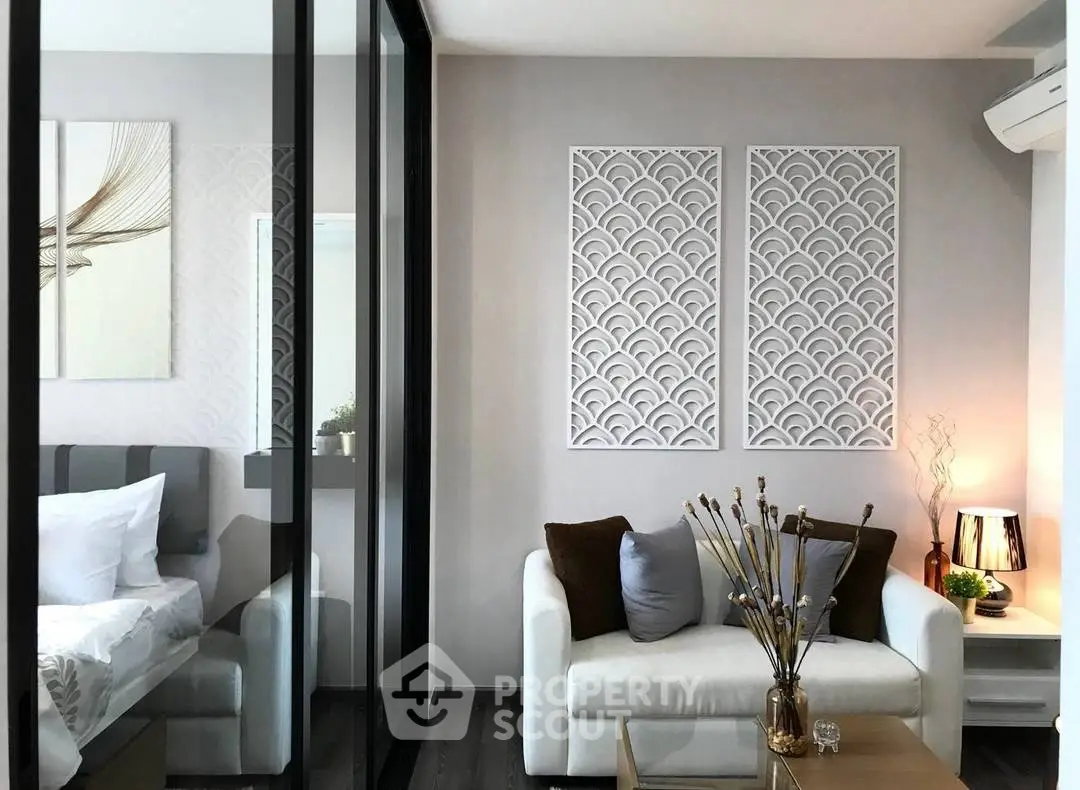 Modern living room with elegant decor and cozy seating area