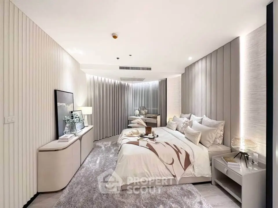 Luxurious modern bedroom with elegant decor and ambient lighting