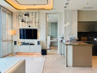 Luxurious open-plan living room with modern kitchen and elegant decor