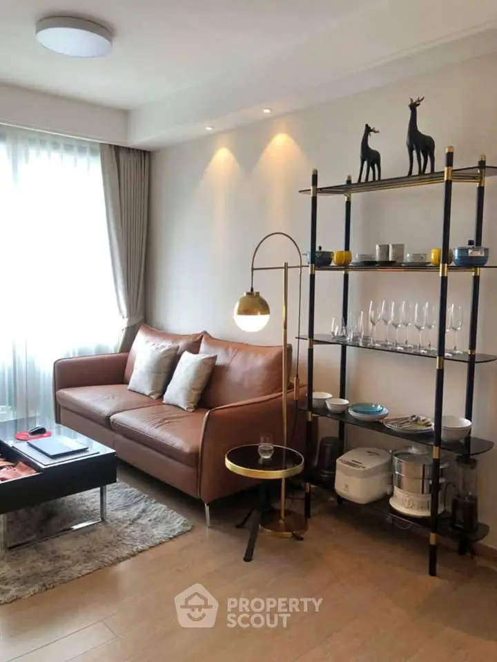 Stylish living room with leather sofa and modern shelving unit in cozy apartment.