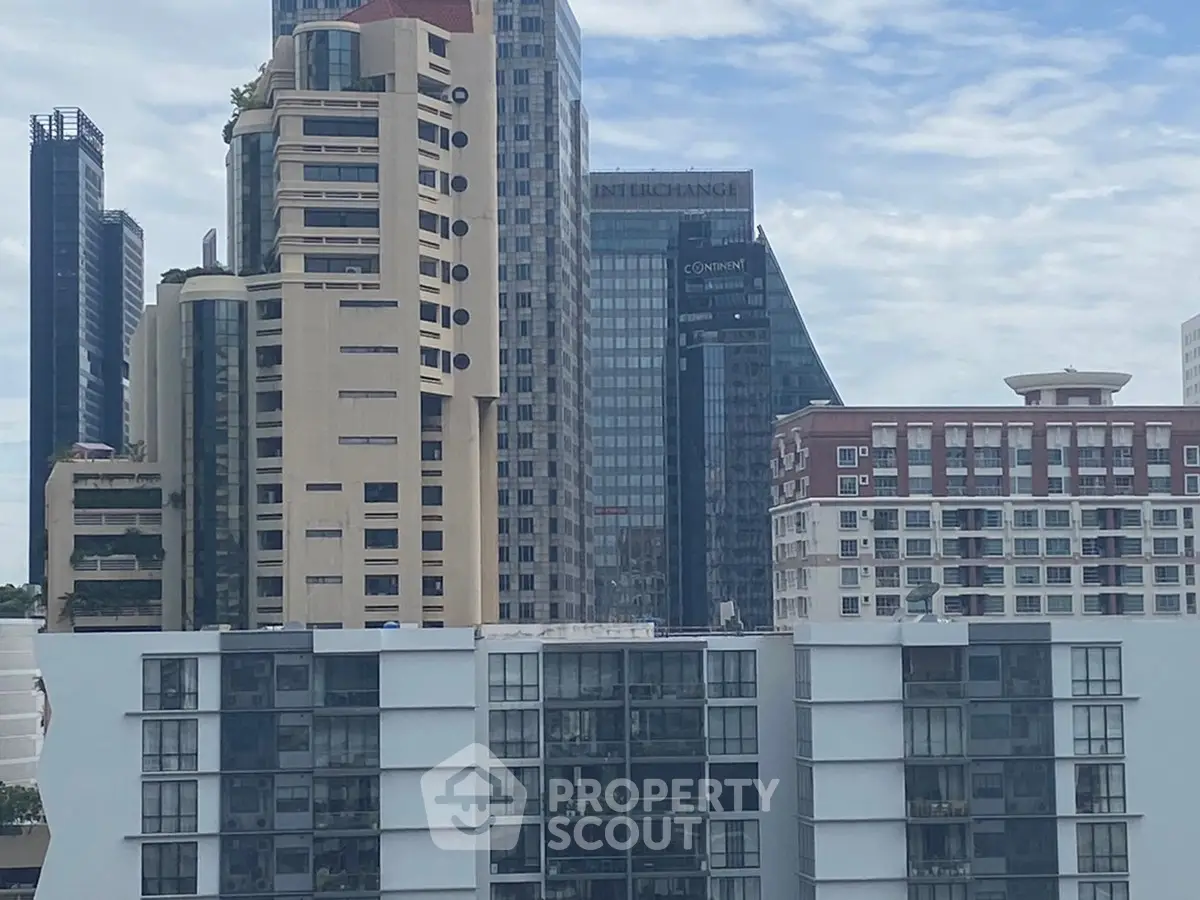 Stunning cityscape view showcasing modern high-rise buildings under a clear blue sky.