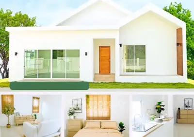 Modern white house with spacious interiors and lush green surroundings, featuring a cozy bedroom and sleek kitchen.