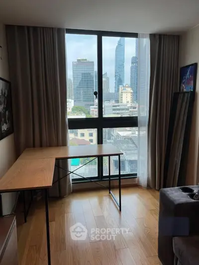 Modern apartment with stunning city view from large window, featuring sleek wooden flooring and minimalist decor.