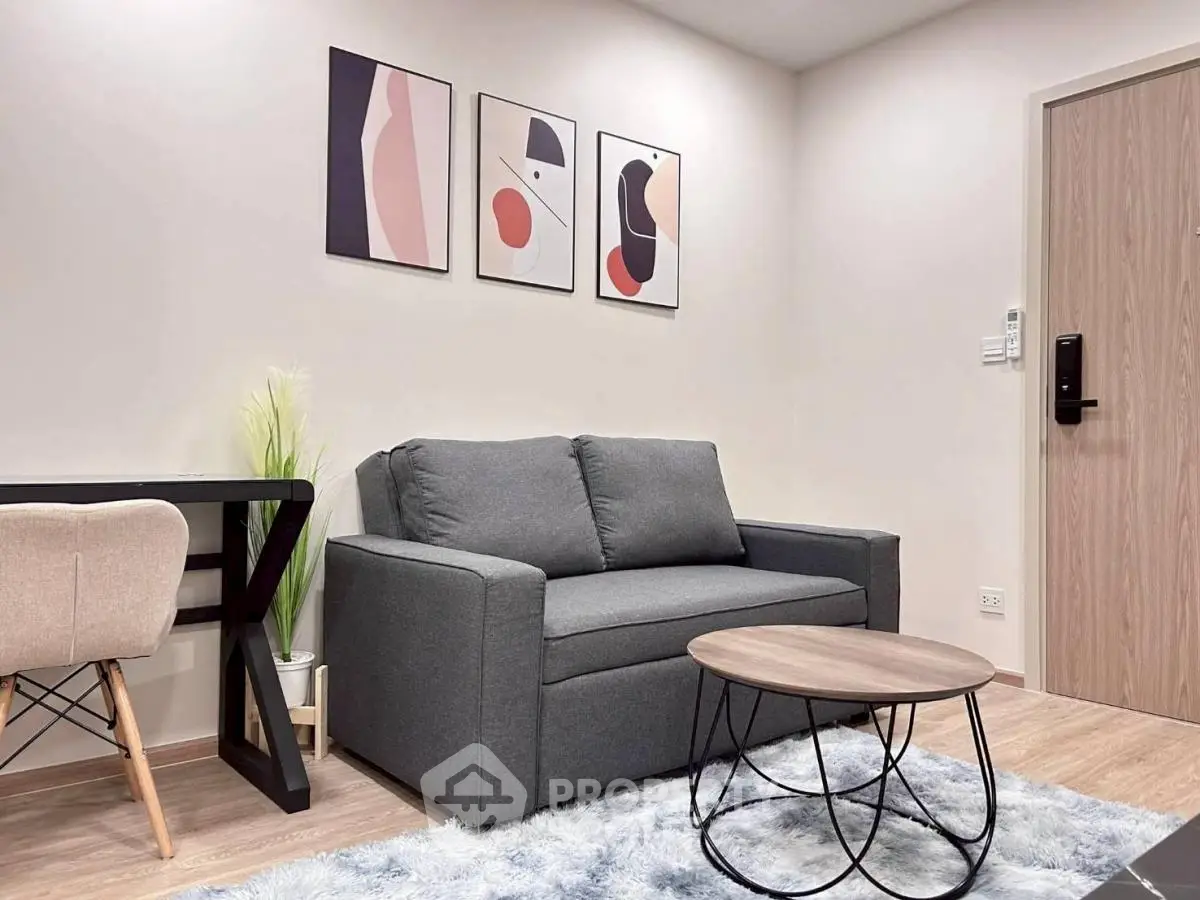 Modern living room with stylish decor and cozy seating area