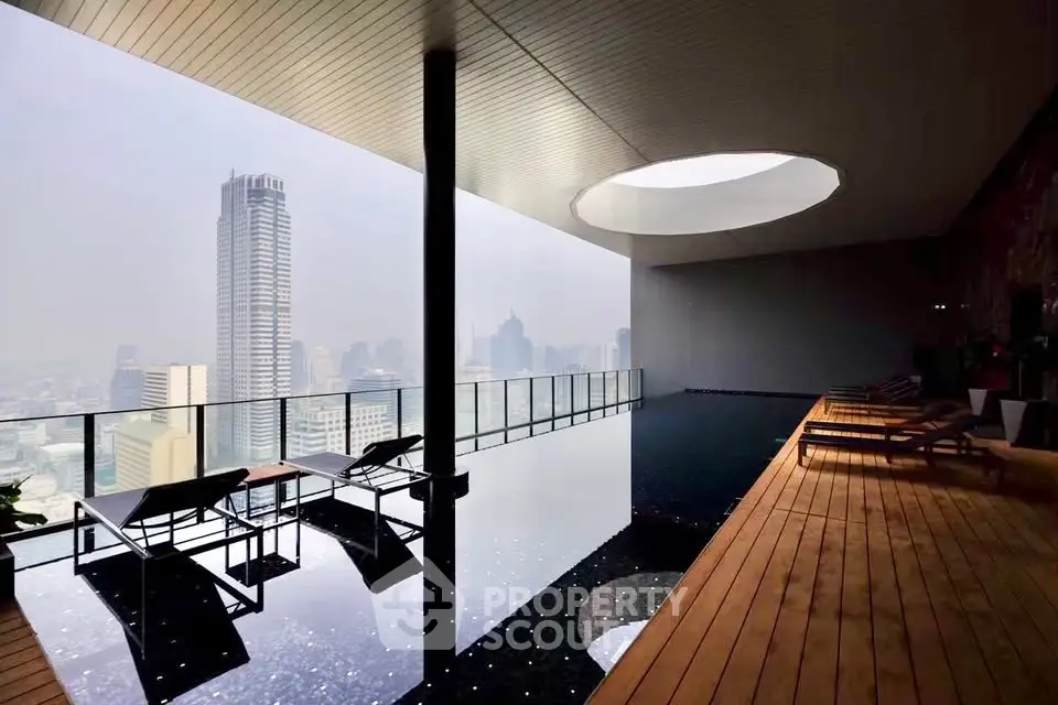 Luxurious rooftop pool with stunning city skyline view and modern design.