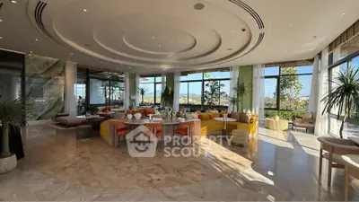 Luxurious modern living room with panoramic windows and elegant decor