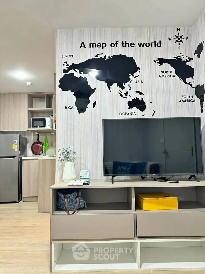 Modern living room with world map wall art and sleek furniture