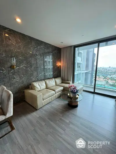 Luxurious living room with marble wall and stunning city view