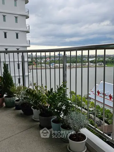 Stunning balcony view with lush potted plants overlooking serene river and cityscape.