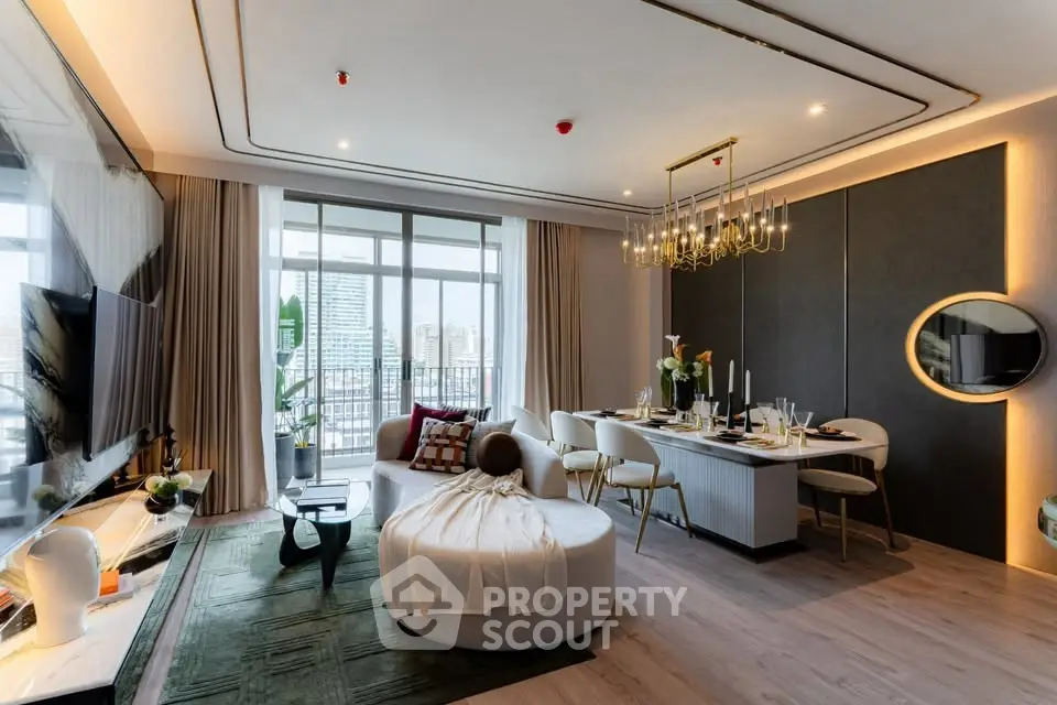 Luxurious modern living room with elegant dining area and city view balcony.