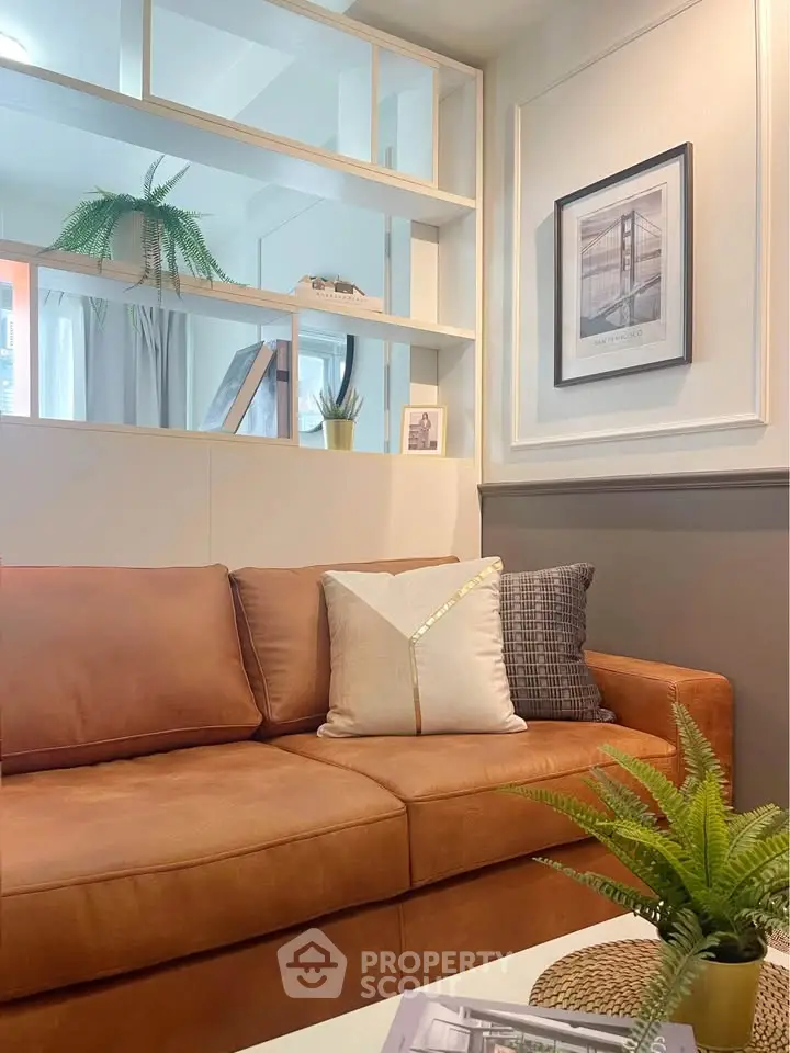 Stylish living room with modern decor and cozy brown sofa, perfect for relaxation and entertaining.