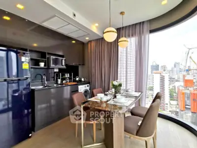 Modern kitchen with dining area and city view in luxury apartment