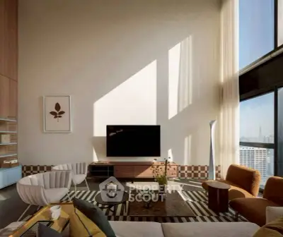 Luxurious modern living room with high ceilings and large windows offering stunning city views.