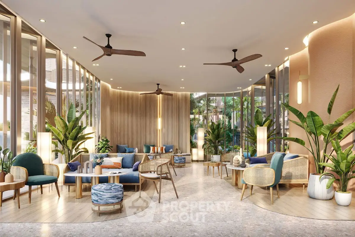 Luxurious modern living room with elegant decor and lush greenery