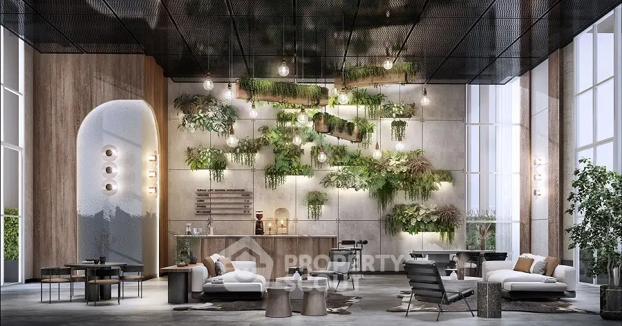 Luxurious modern living room with vertical garden and stylish furniture