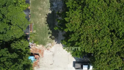 Aerial view of a lush garden area with parked vehicles, ideal for real estate development.