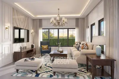Luxurious living room with elegant decor and large windows