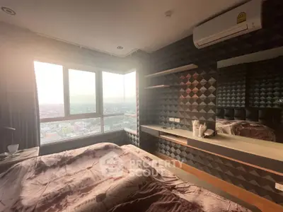 Luxurious bedroom with panoramic city view and modern decor