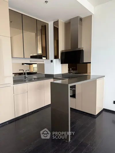 Modern kitchen with sleek cabinetry and island in luxury apartment