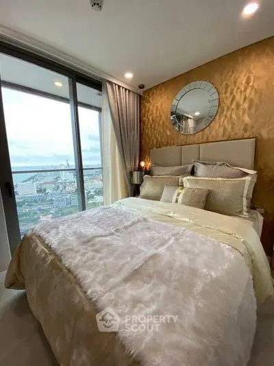 Luxurious bedroom with stunning city view and elegant decor