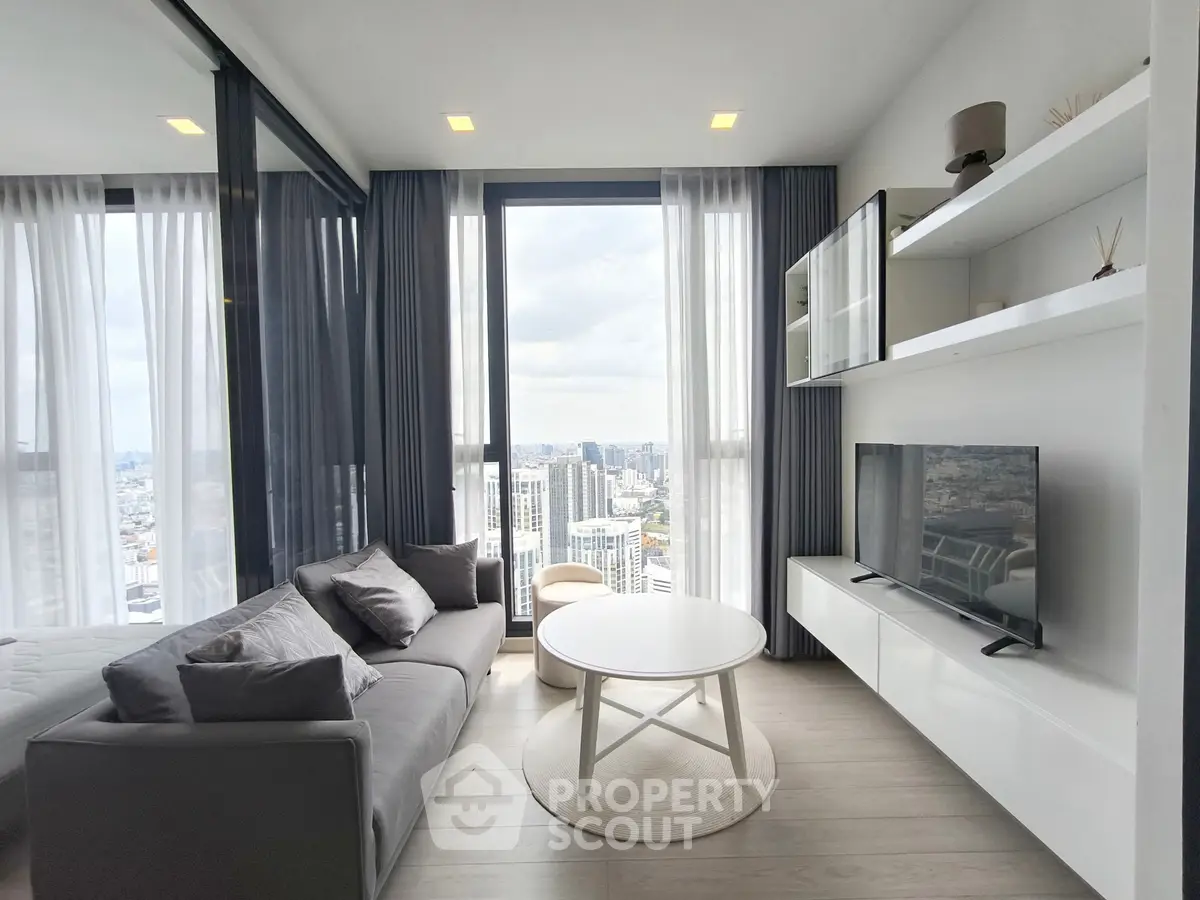 Modern living room with panoramic city view, sleek furniture, and floor-to-ceiling windows.