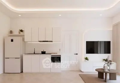 Modern minimalist kitchen and living area with sleek white cabinetry and stylish decor.