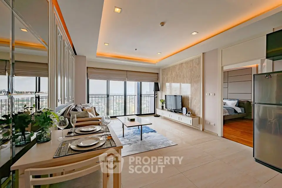 Luxurious modern living room with stunning city view and elegant dining area