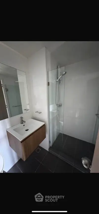 Modern bathroom with sleek glass shower and stylish vanity